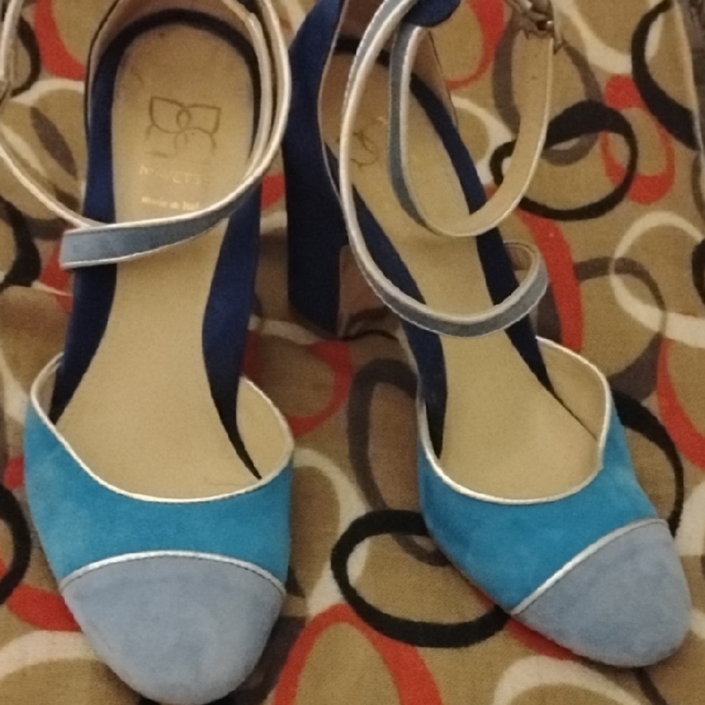Elegant Blue Suede Mavette Silver Trim Women's Heels Chunky 38